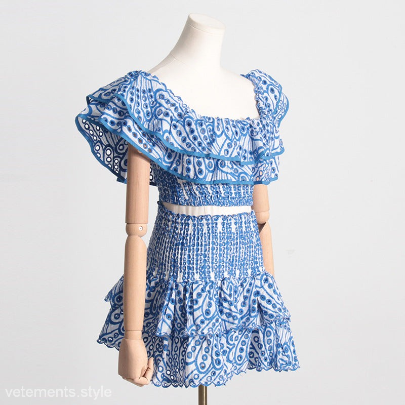 Blue and white eyelet two-piece Summer French Suit featuring high waist shorts