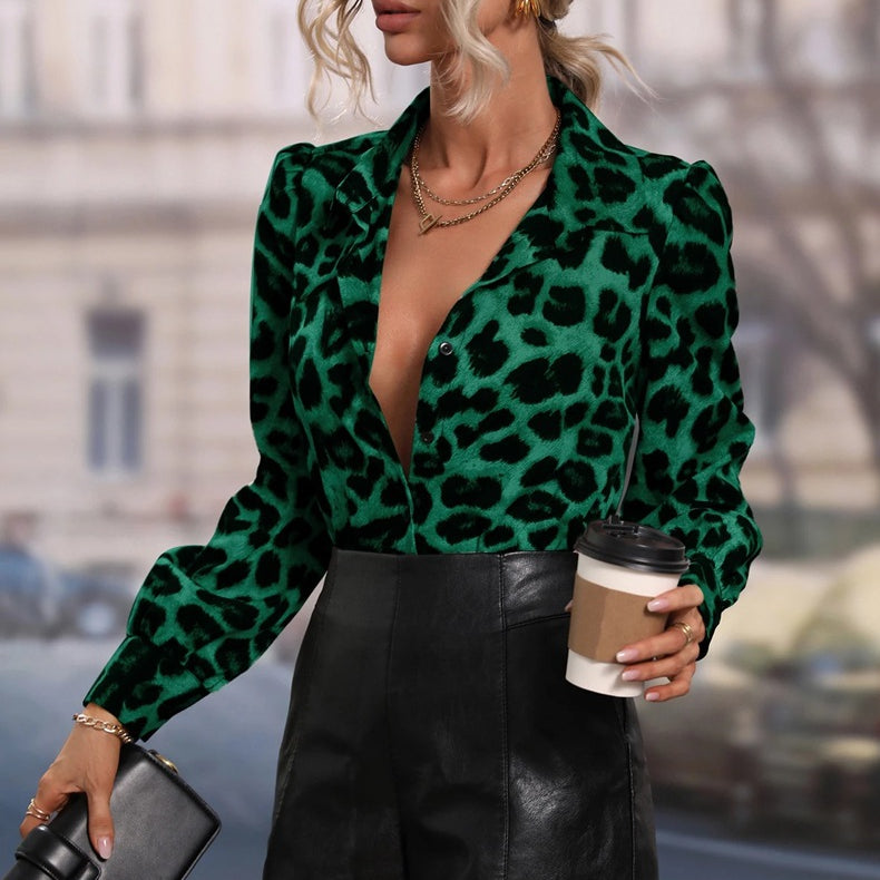 Casual langry fashion leopard print top with ruffled sleeves