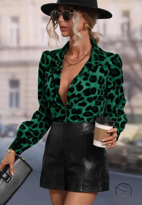 Casual leopard print langry blouse with ruffled sleeves and black leather skirt