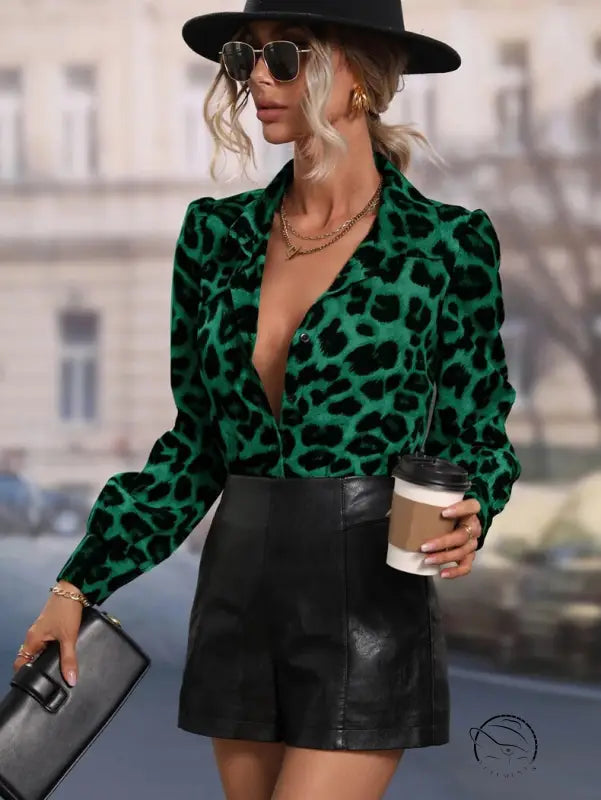 Casual leopard print langry blouse with ruffled sleeves and black leather skirt