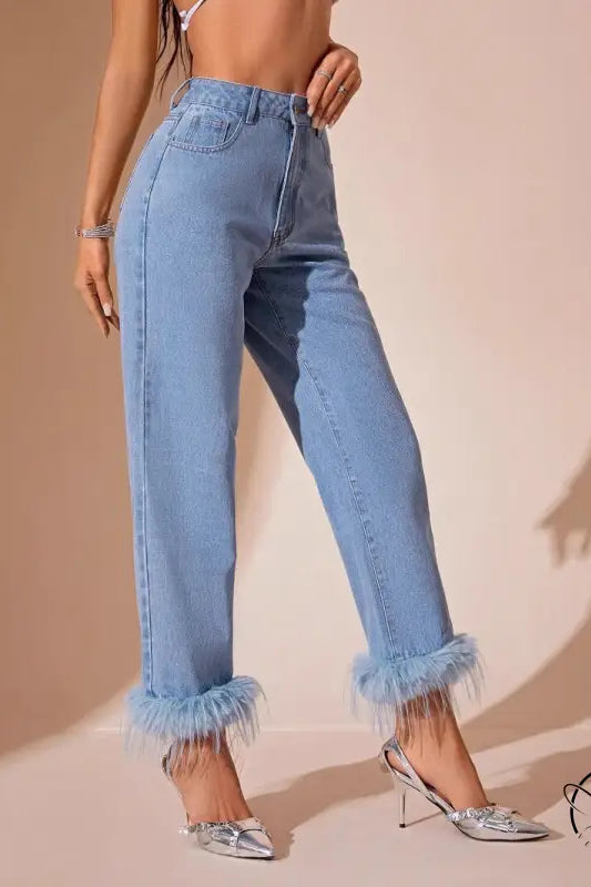Light blue furry stitching straight jeans with faux fur trim at ankles