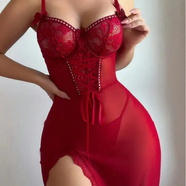 Red sheer mesh lingerie dress with lace details and high slit
