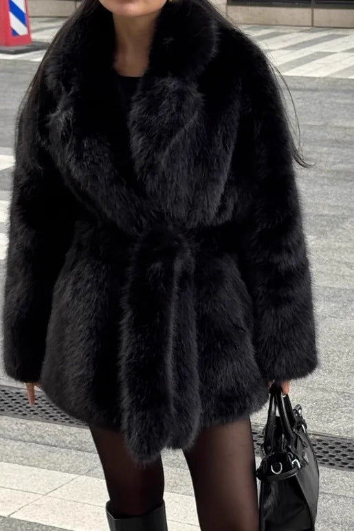 Black faux fur coat with belt and high collar in Langry fashion