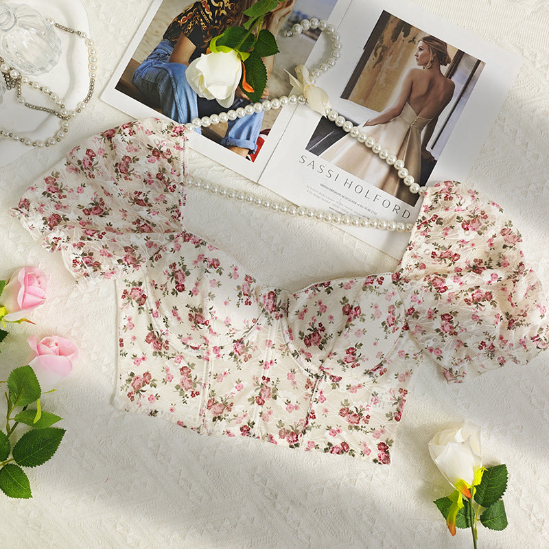 Floral print puff sleeve corset top from Cute Short Sleeve Corset in trendy fashion style