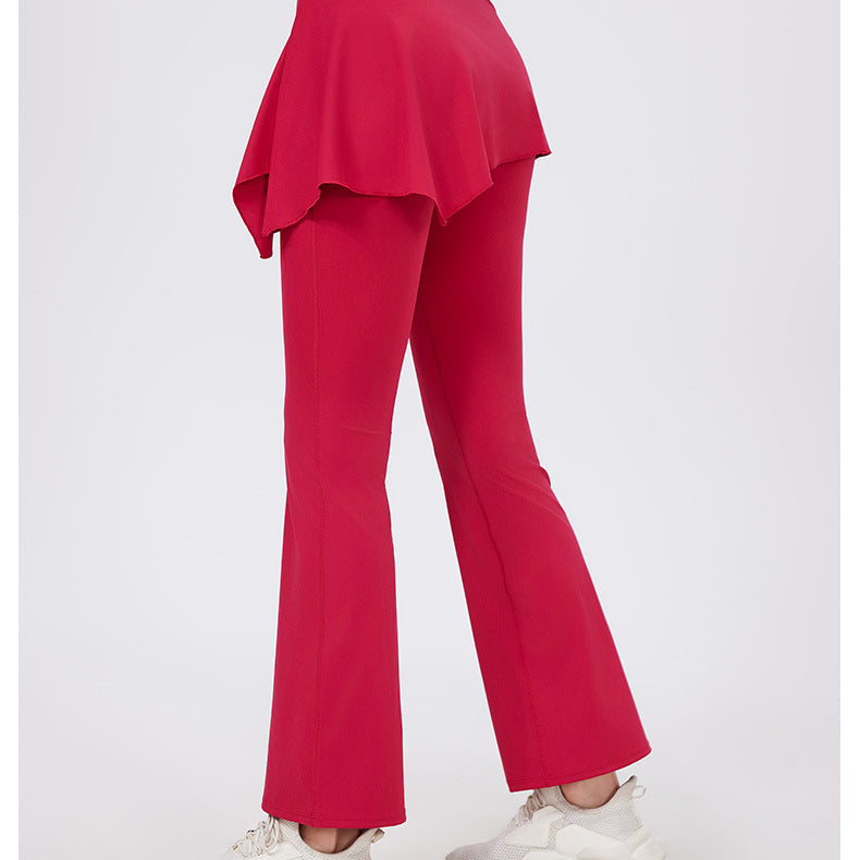 Magenta flare yoga pants with ruffled hem, hip lifting nude feel, white sneakers