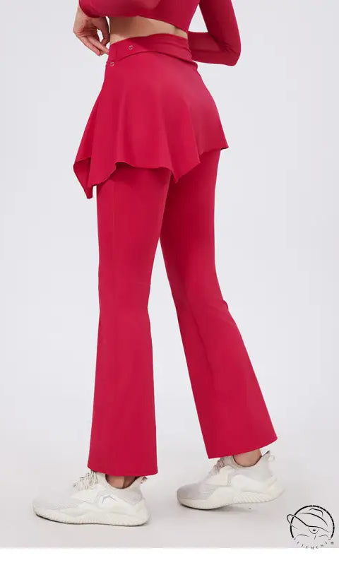 Magenta flare yoga pants with ruffled hem, hip lifting nude feel, white sneakers