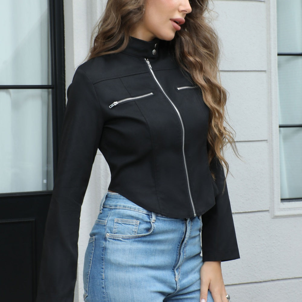 Langry fashion dark autumn high collar chic jacket with bell sleeves