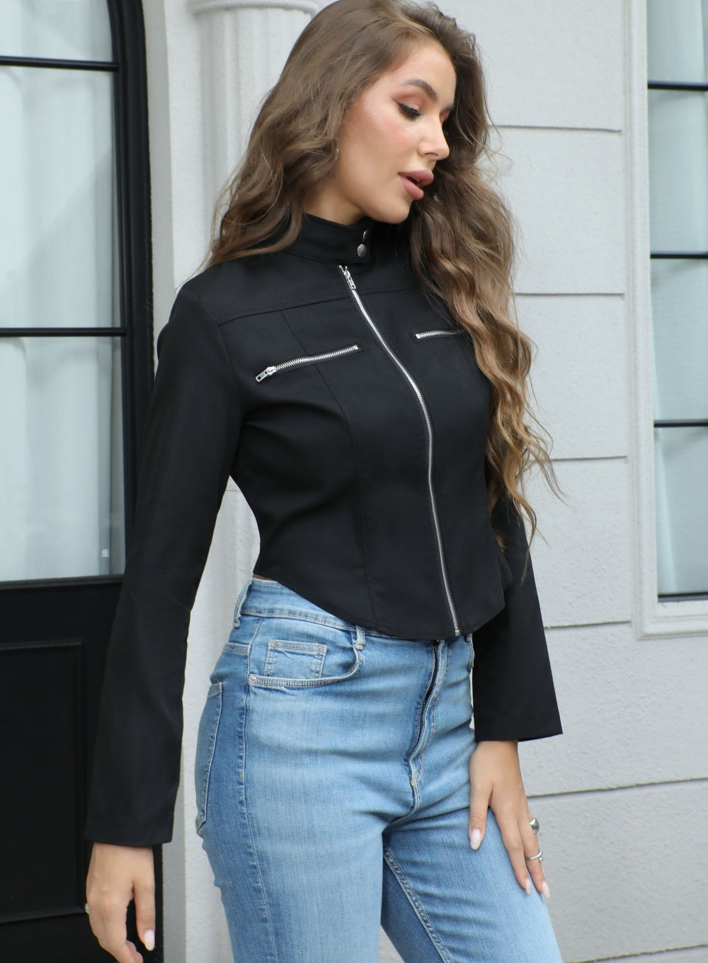 Langry fashion dark autumn high collar chic jacket with bell sleeves