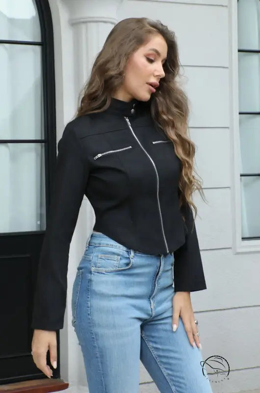 Dark autumn Langry fashion black zip-up jacket with bell sleeves