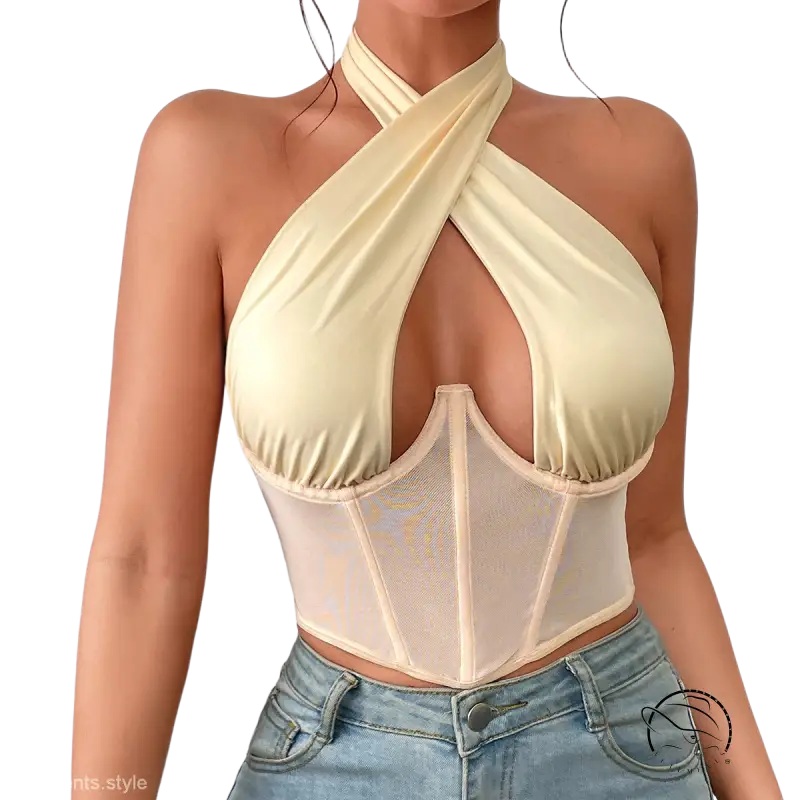 Beige sexy cross halter corset top with boning