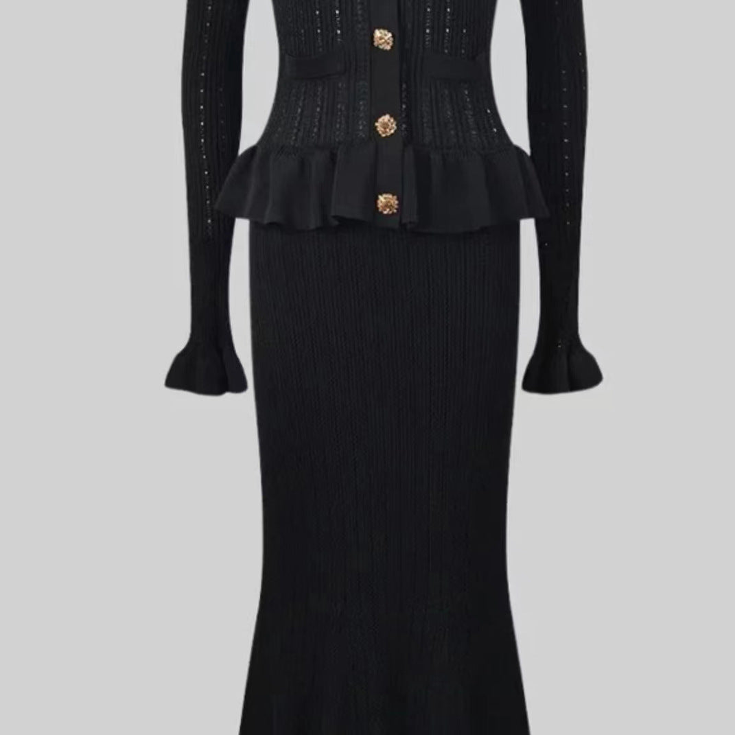 Elegant black knit cardigan dress and skirt set showcasing sophisticated fashion style