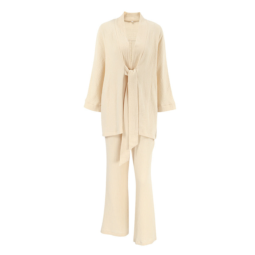 Cream-colored winter pure cotton pajamas with pleated two-piece design and flared trousers