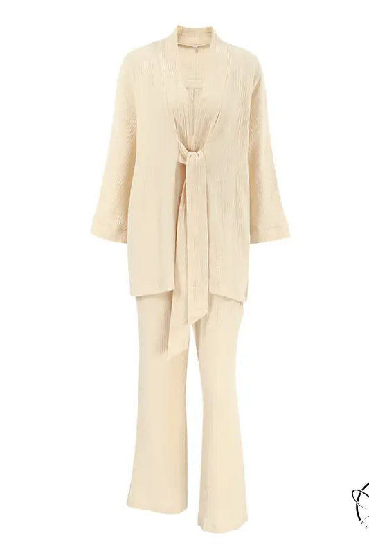 Winter pure cotton pajamas in cream pleated two-piece set with tie-front top and flared trousers