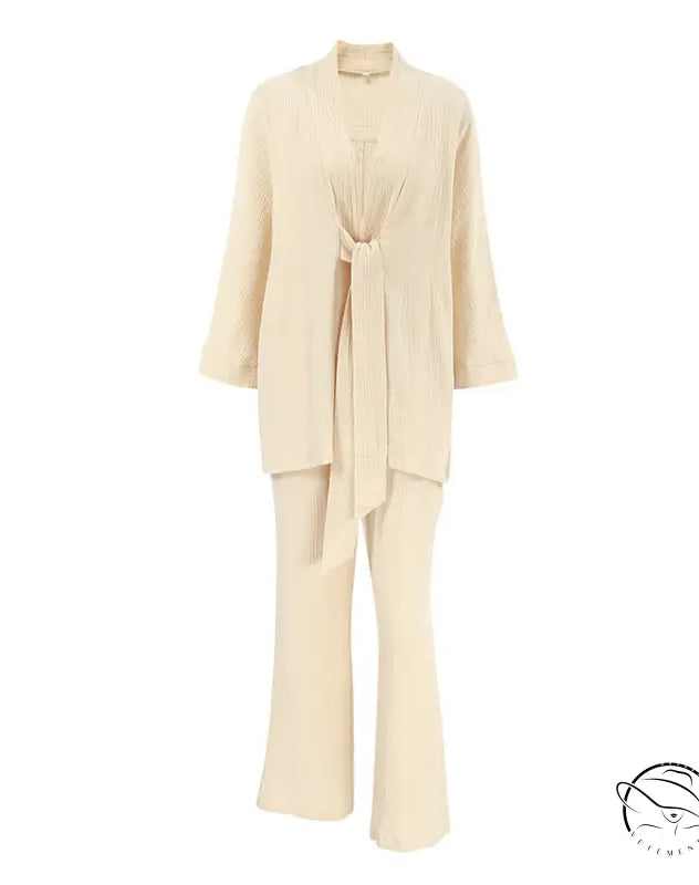 Winter pure cotton pajamas in cream pleated two-piece set with tie-front top and flared trousers