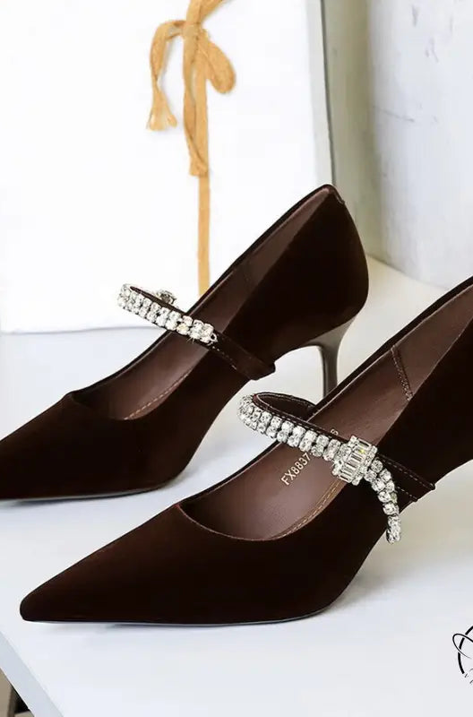Langry fashion brown velvet high-heeled shoes with rhinestone accents