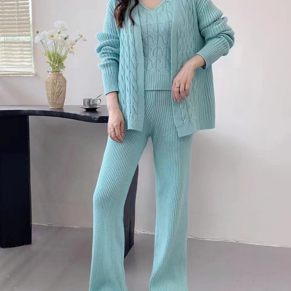 Langry mint green knitted winter idle three-piece fashion set with textured pattern