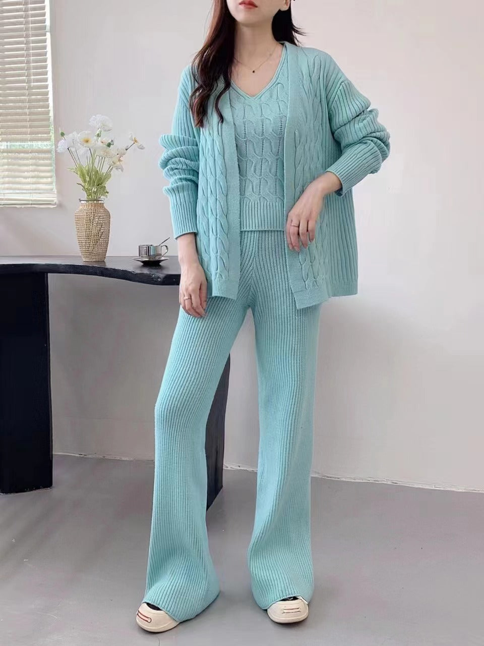 Langry mint green knitted winter idle three-piece fashion set with textured pattern