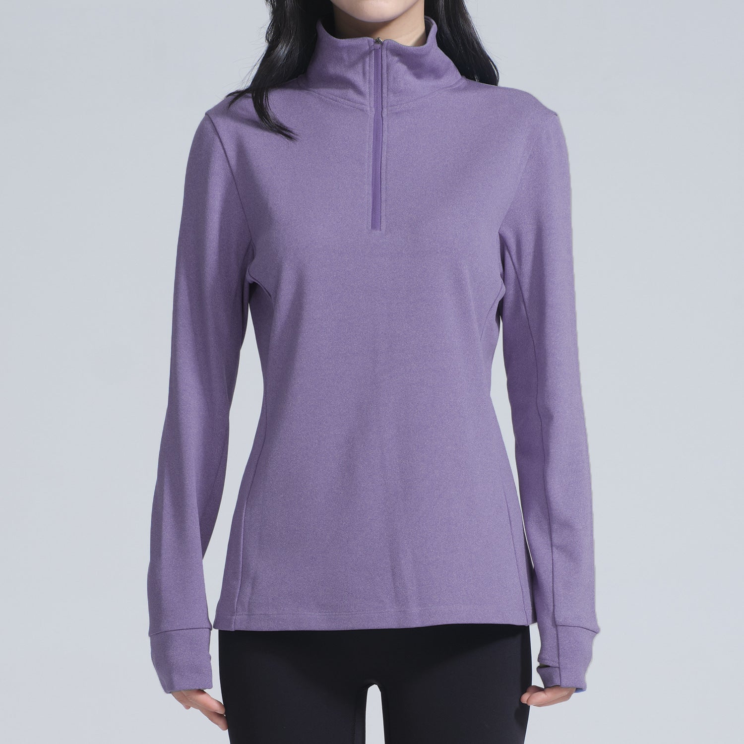 Winter Thermal Velvet Long Sleeved Yoga Jacket in purple with thumbholes, stylish ملابس for winter fitness
