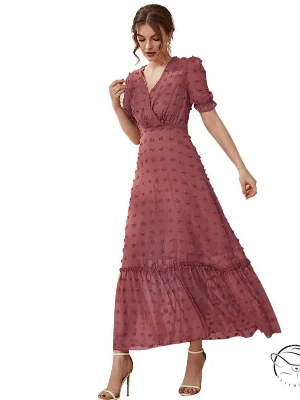 Puff short sleeve high waist dusty rose midi dress with v-neck and ruffles