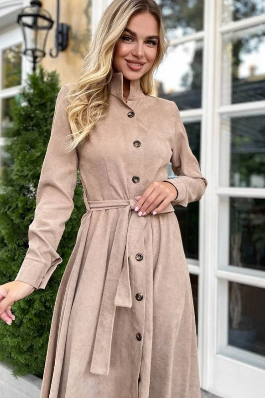 Beige button-down dress with belt, part of the Elegant Daily Dress collection