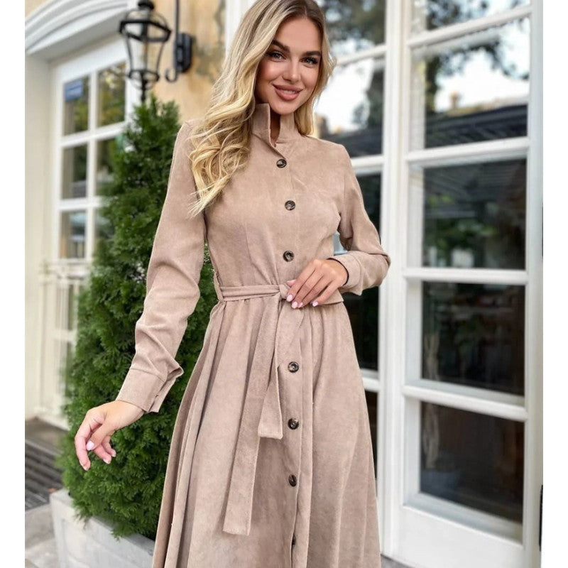 Beige button-down dress with belt, an elegant daily dress for sophisticated style