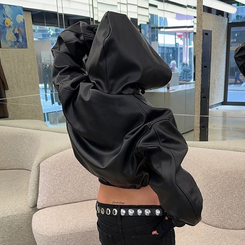 Black cropped faux leather jacket with a hood from the Loose Zipper Leather Jacket collection