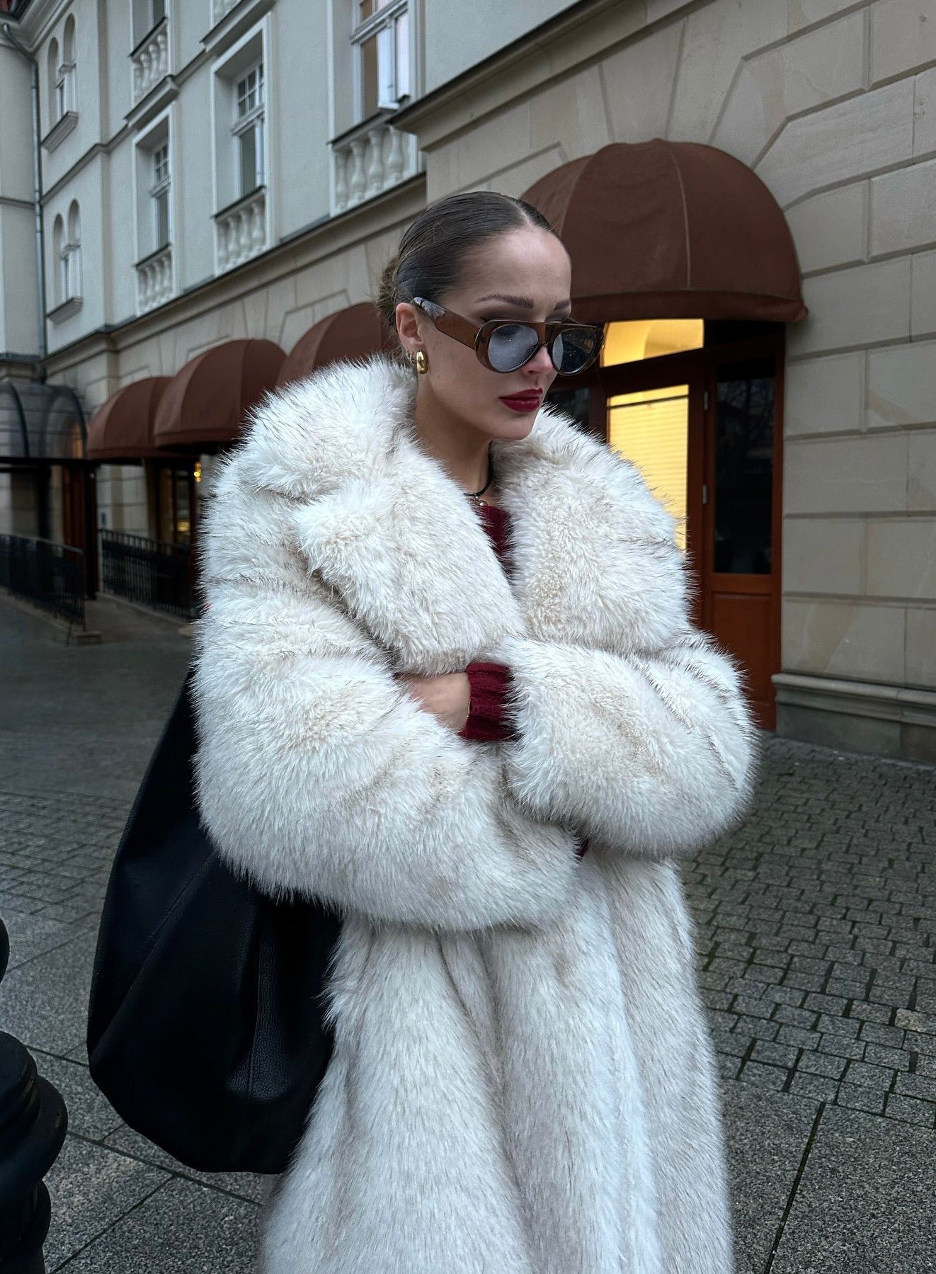 Warm winter faux fur coat with white hood and oversized collar
