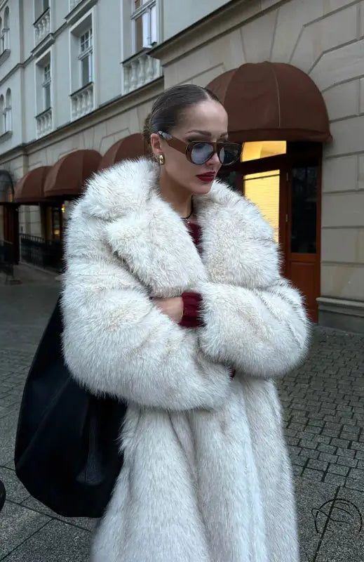 Warm winter faux fur coat with white hood and oversized collar
