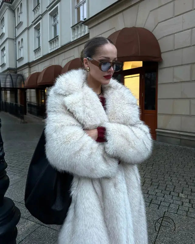 Warm winter faux fur coat with white hood and oversized collar