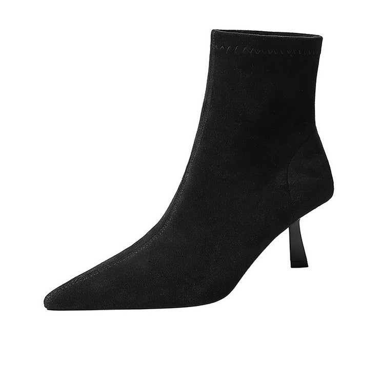 Langry fashion black suede ankle boot with pointed toe and low heel