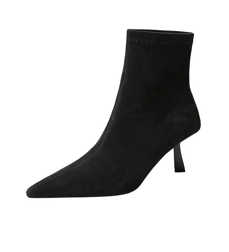 Langry fashion black suede ankle boot with pointed toe and low heel