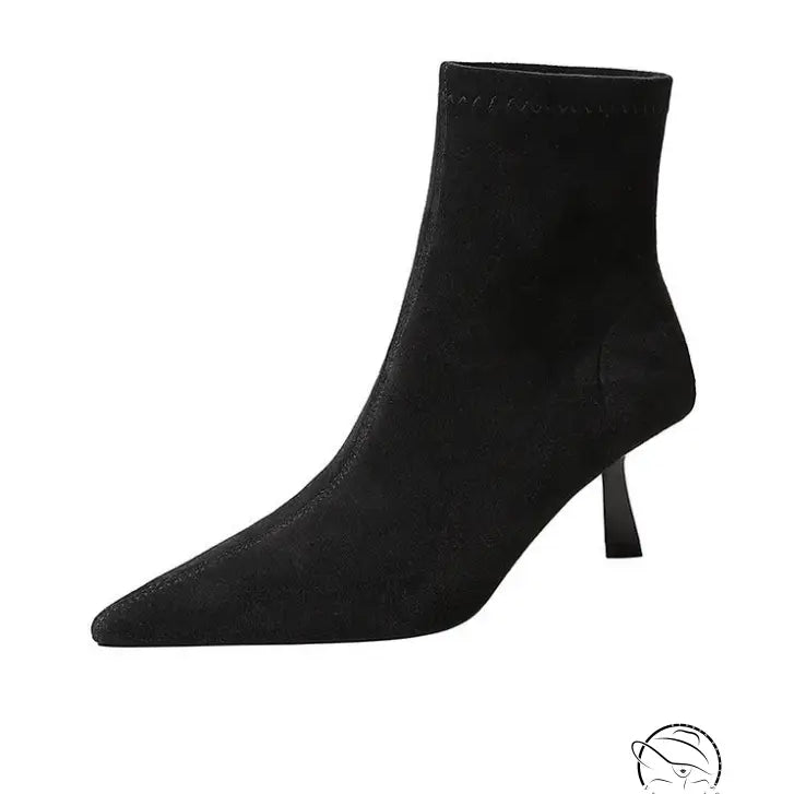 Langry fashion black suede ankle boot with pointed toe and low heel