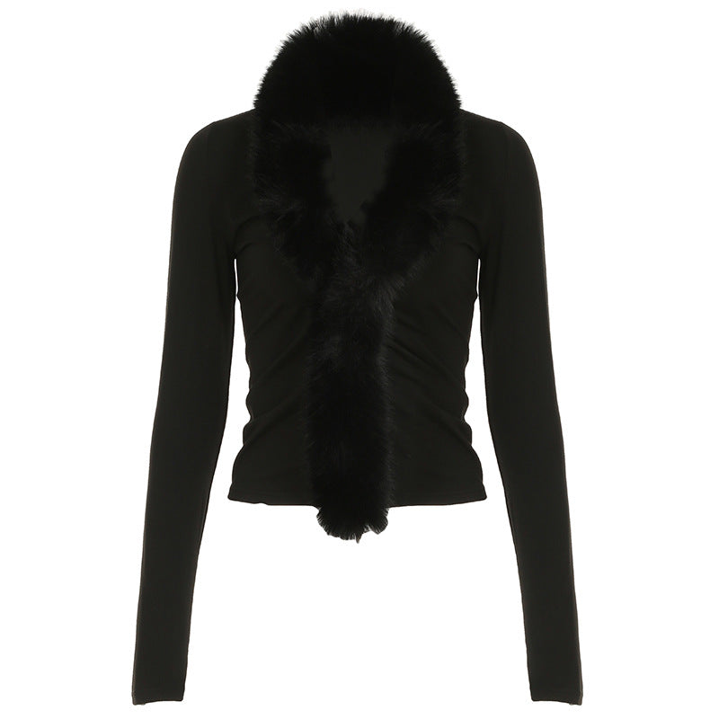 Elegant fur collar black cardigan showcasing luxurious fashion and stylish ملابس for women
