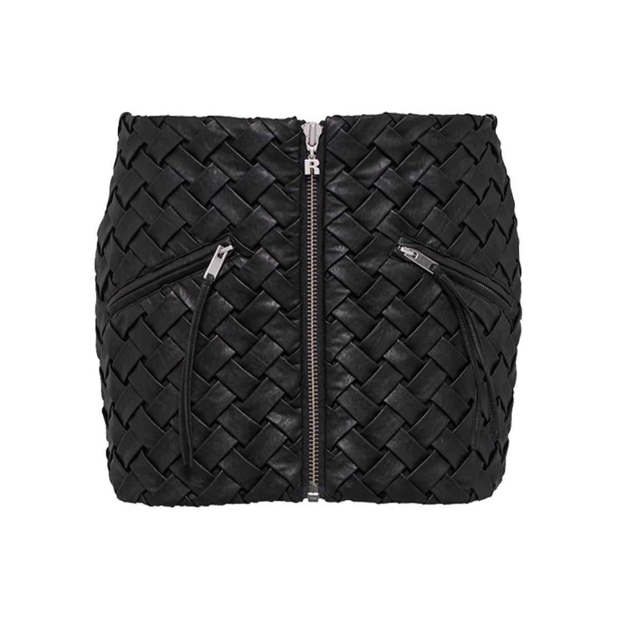 NICHE BLACK WOVEN OUTFIT featuring a romantic black woven leather mini skirt with zipper
