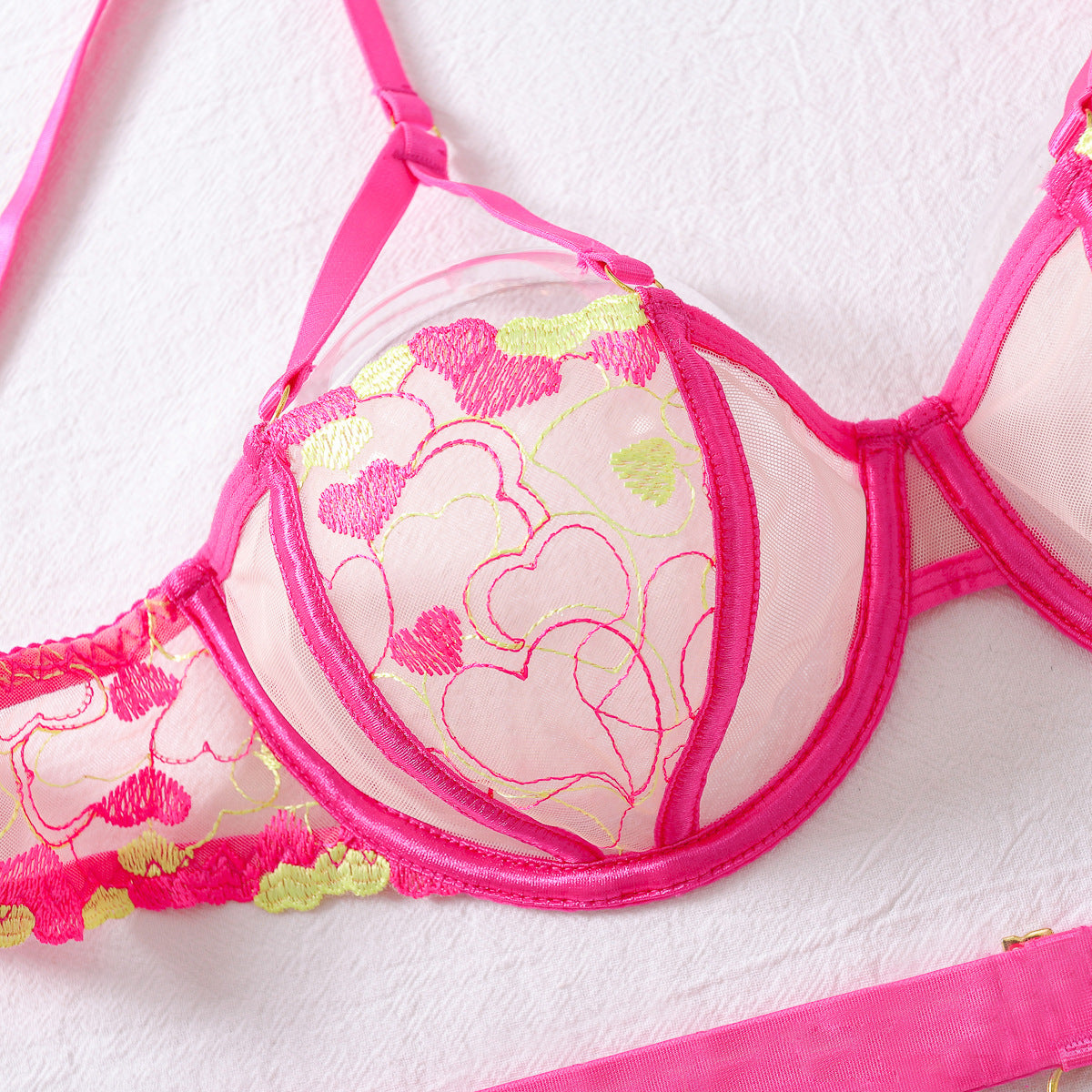 Pink heart bra in fluorescent embroidery Langry fashion set