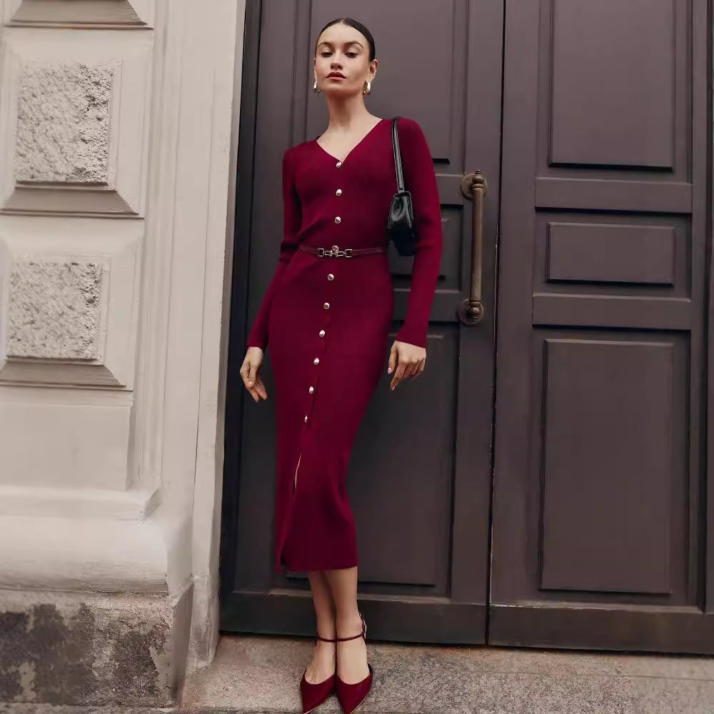 Burgundy long sleeve knitted dress showcasing fashionable and stylish design