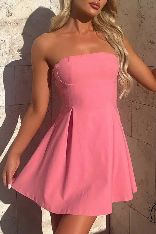 Pink strapless short dress with pleated skirt in Langry fashion