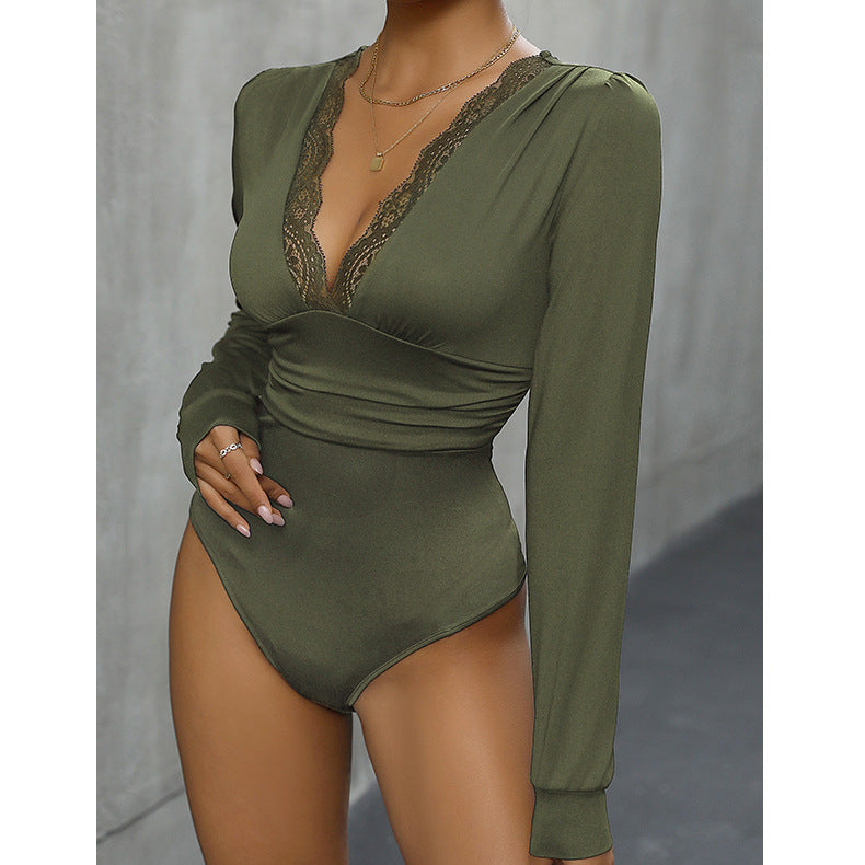 Olive green long sleeve bodysuit with deep V-neckline and lace trim for fall fashion