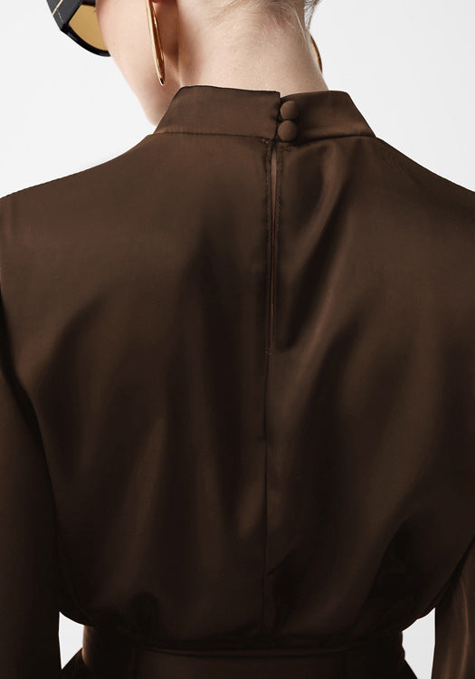 Elegant langry fashion blouse in chocolate satin with high collar