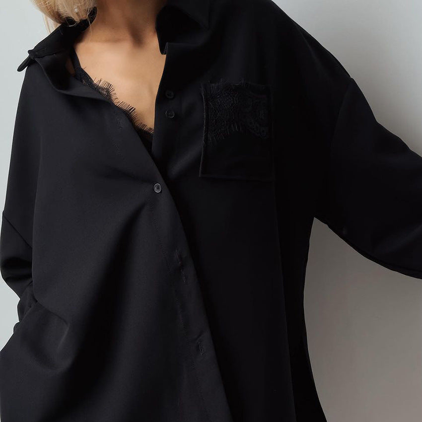Black oversized button-down shirt featured in Comfort Black Shorts Pajamas for stylish ملابس