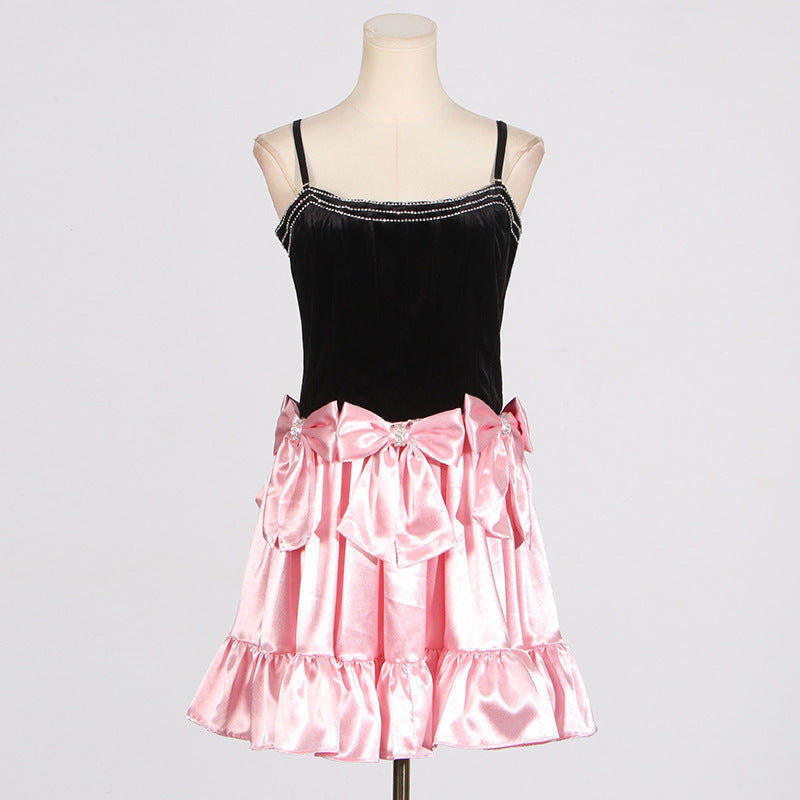Black velvet and pink satin Light Luxury Short Dress with ruffled skirt and bow detail