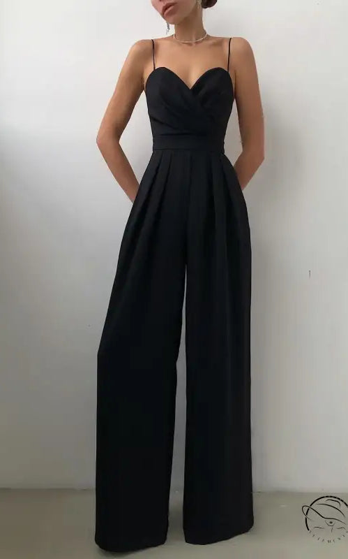 Elegant black modern jumpsuit with wide-leg, spaghetti straps, and sweetheart neckline