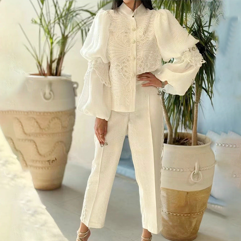 Elegant white blouse and pants set from French Artistic Palace Embroidery Jumpsuit, perfect for fashion enthusiasts