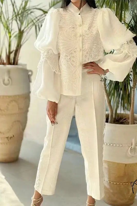 Elegant French artistic palace embroidery jumpsuit in white blouse and pants set