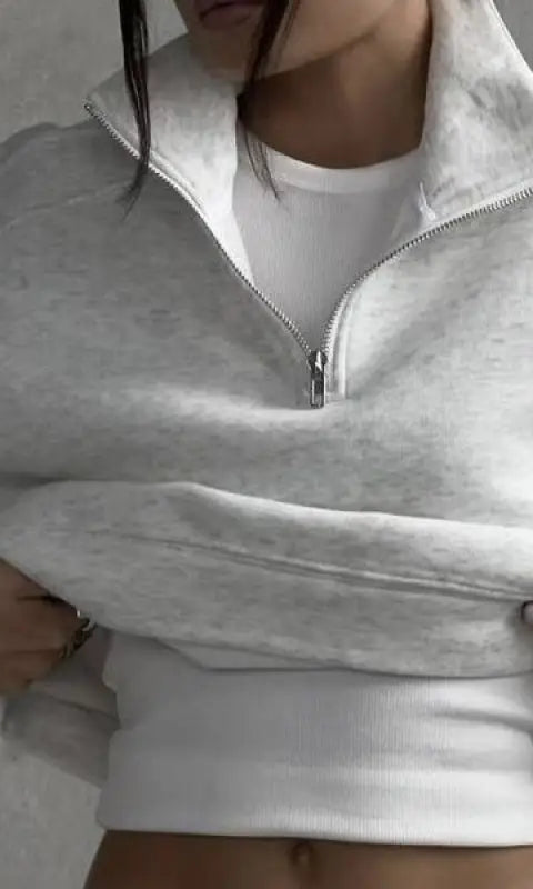 Gray half zipper autumn winter fleece lined sweatshirt for women