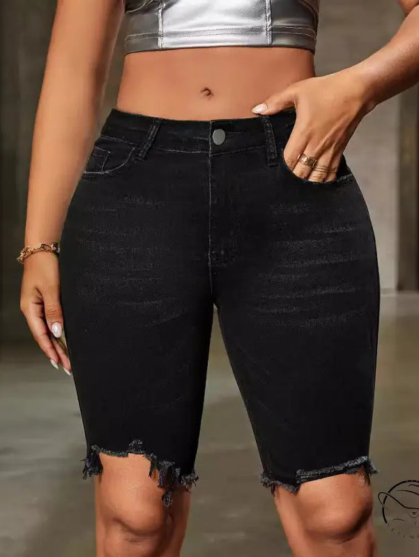 Black distressed denim shorts high waist with frayed hem