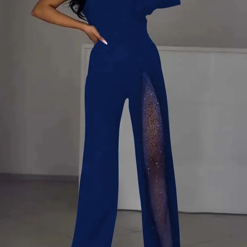 Blue one-shoulder jumpsuit with sheer panel from New Fall High Slit Jumpsuit, perfect for Langry fashion and ملابس enthusiasts