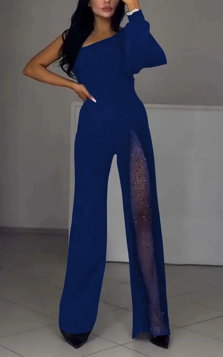 Blue one-shoulder jumpsuit with sheer panel from New Fall High Slit Jumpsuit, trendy langry fashion and ملابس