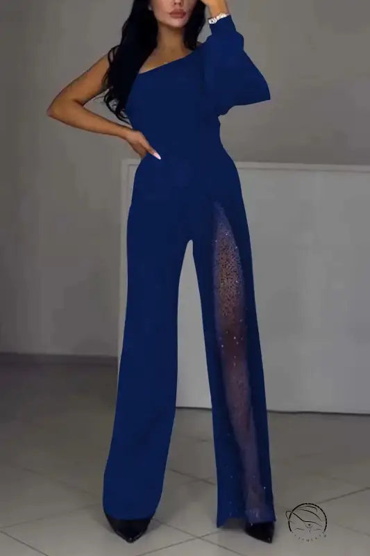 Blue one-shoulder fall high slit jumpsuit with sheer panel
