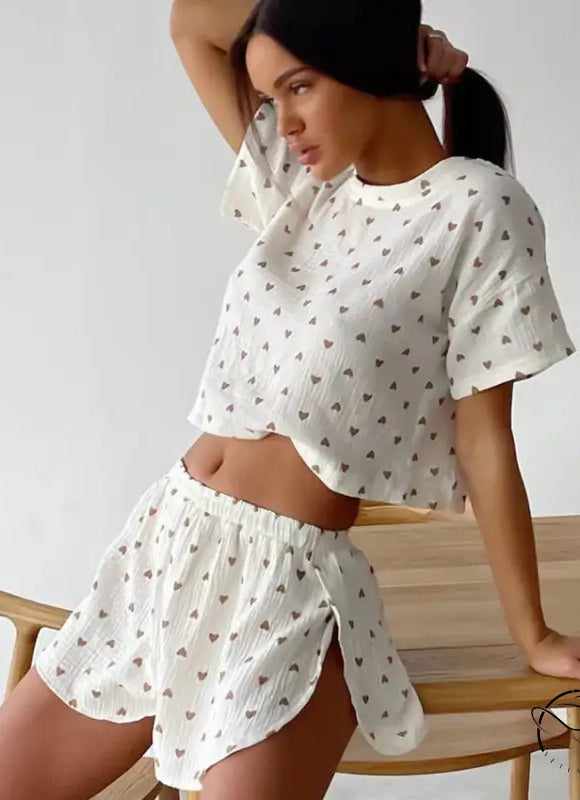 White summer cotton linen two-piece pajama set with heart prints and slit shorts